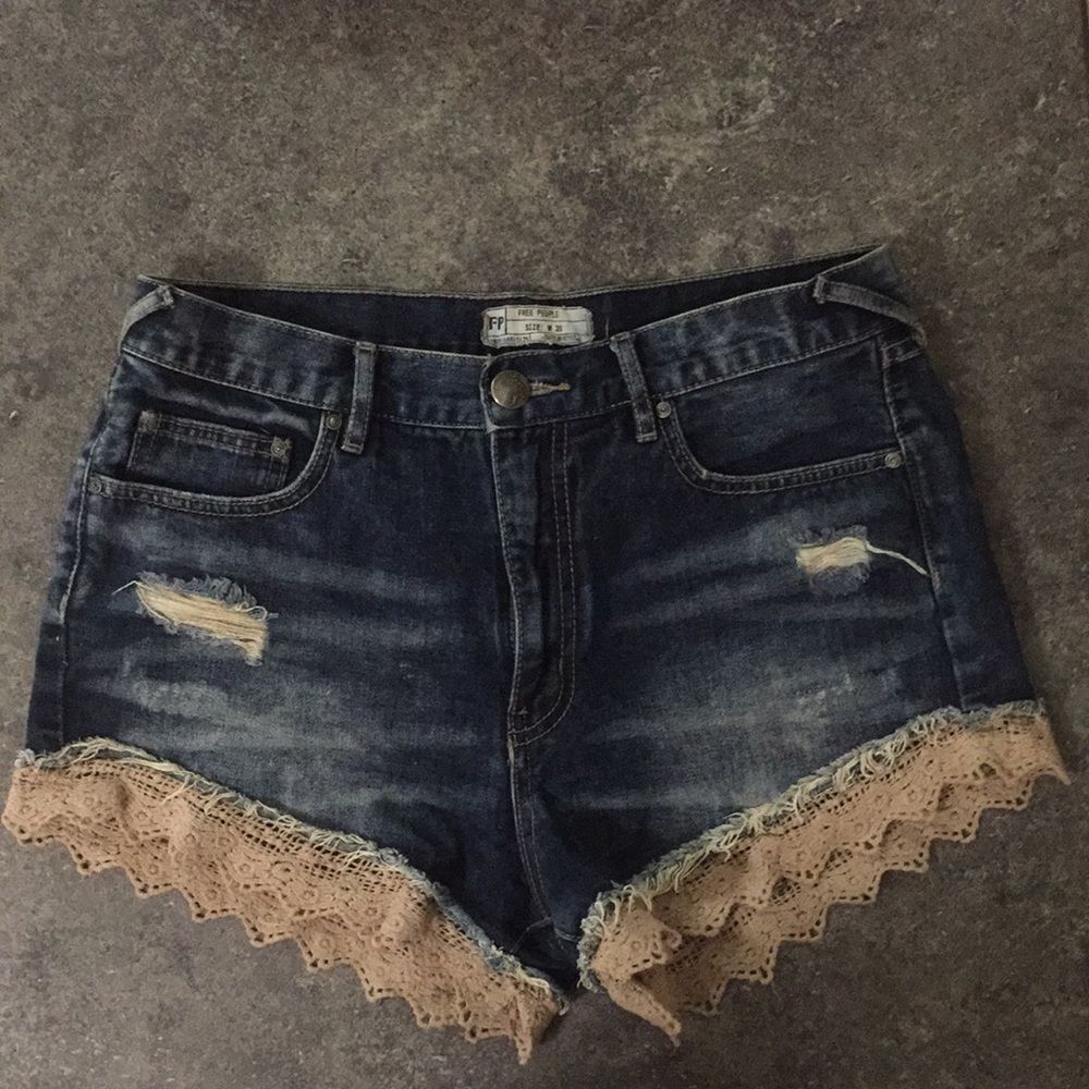 Free People high waist denim short lace distressed